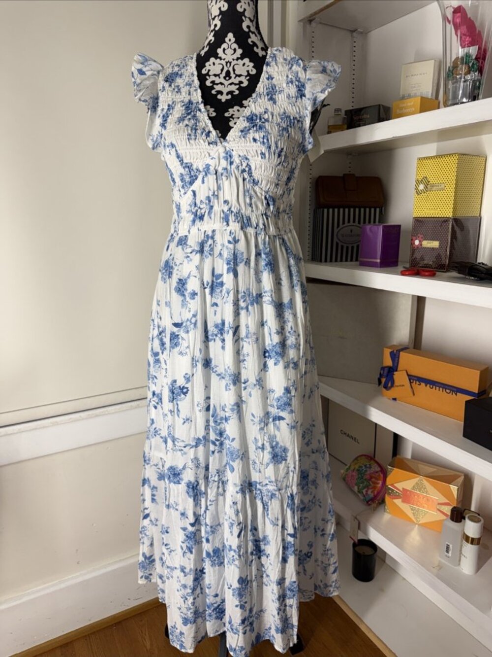 Joile Printed Ruffle-Sleeve MIDI Dress Women's M Blue/Ivory stretchy